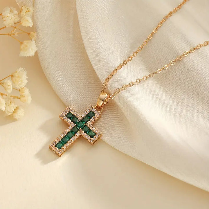 Solene Necklace with Cross Pendant and Emerald