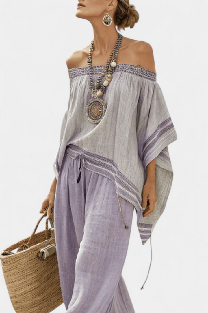 Zandrel | Elegant Off-Shoulder Top & Striped Wide-Leg Pants