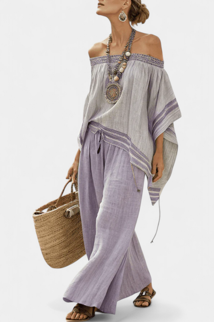 Zandrel | Elegant Off-Shoulder Top & Striped Wide-Leg Pants