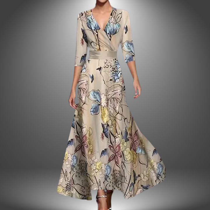 Zora - Boho Maxi Dress with V-Neck and Short Sleeves that Flatters