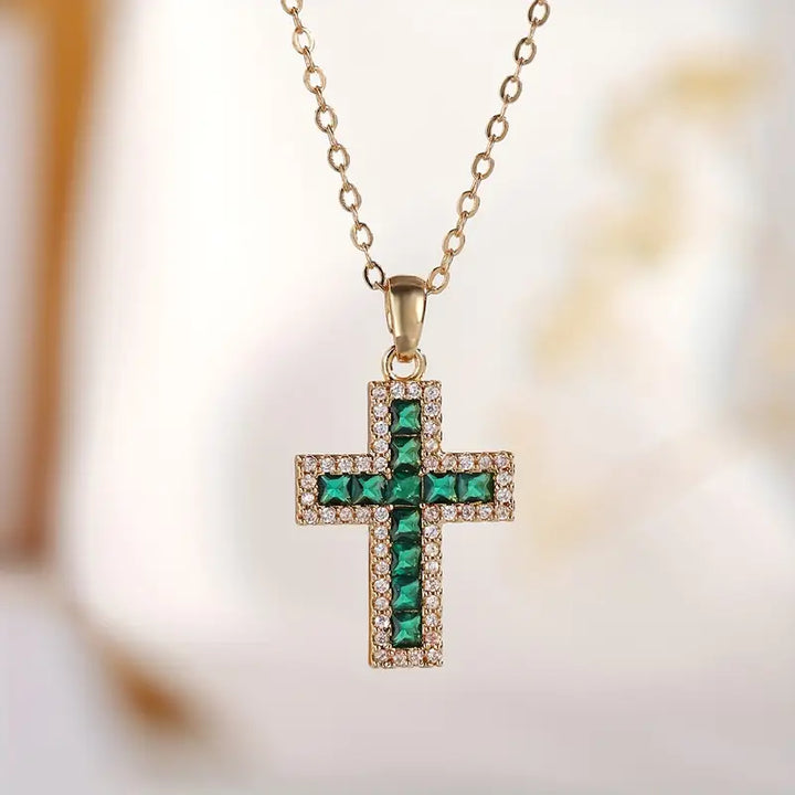 Solene Necklace with Cross Pendant and Emerald