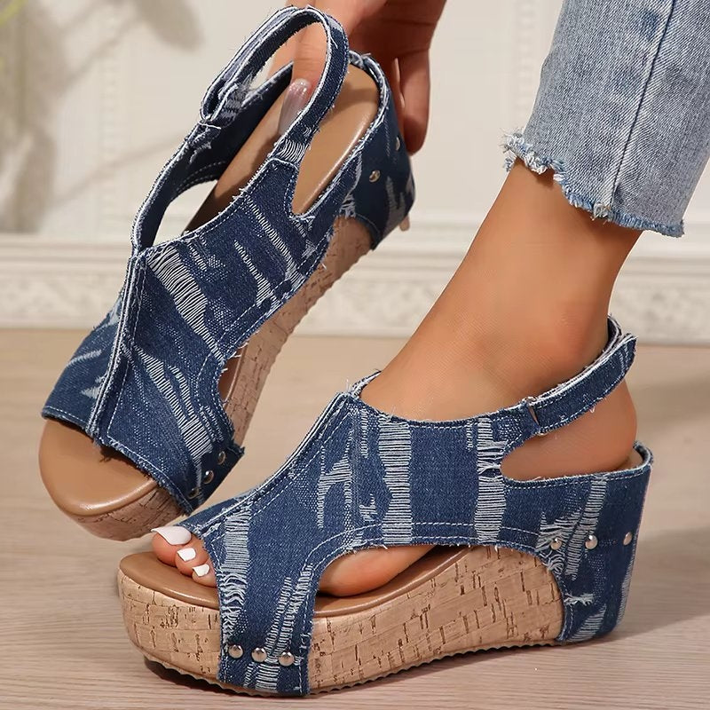 DenimLift - Cork Heeled Sandals for Women in Denim
