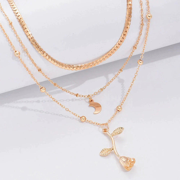 Rose and Moon Pendant Necklace