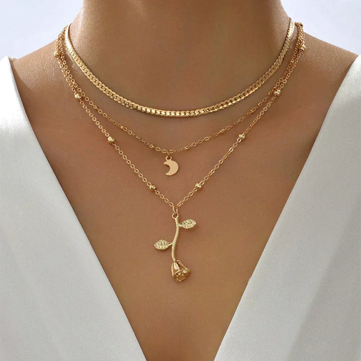 Rose and Moon Pendant Necklace
