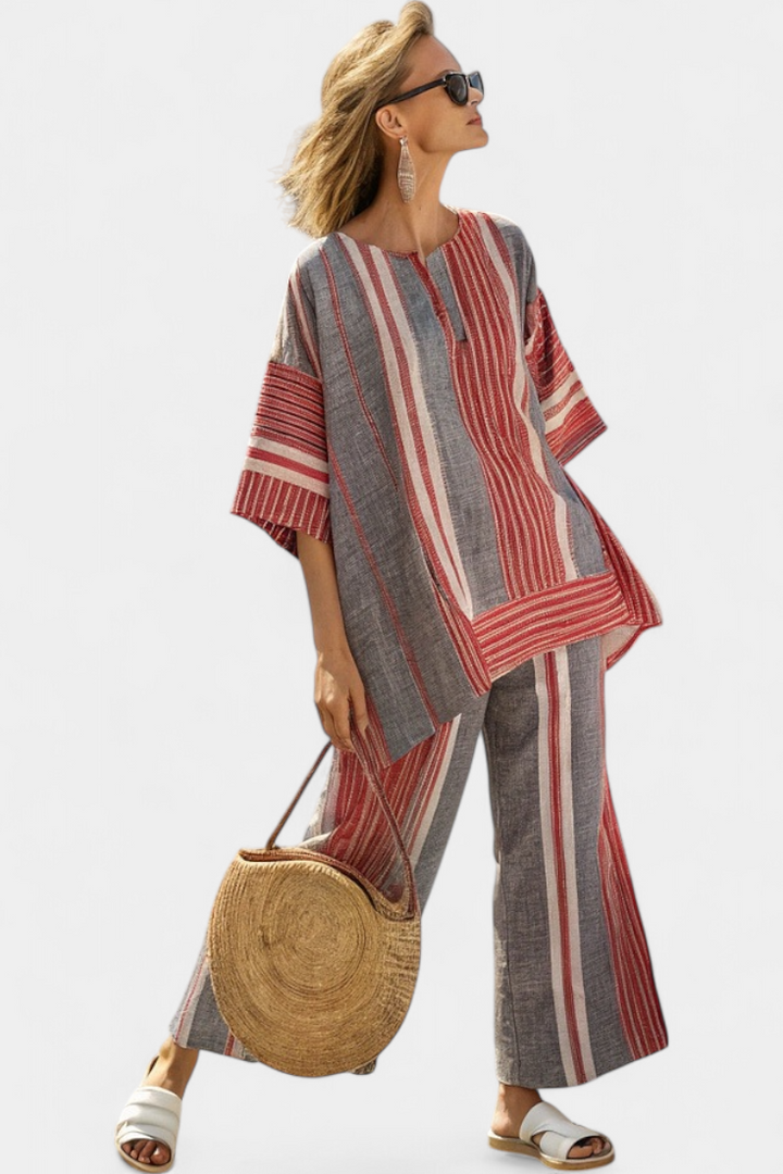 Bravine | Elegant Coral-Grey Linen Top and Wide Leg Pants