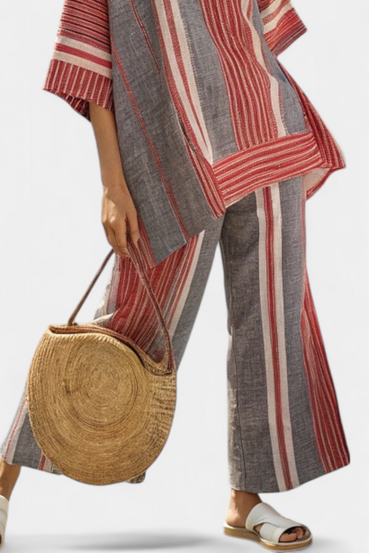 Bravine | Elegant Coral-Grey Linen Top and Wide Leg Pants