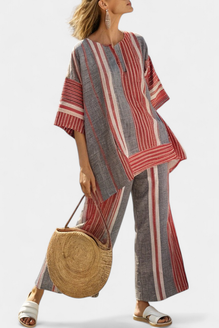 Bravine | Elegant Coral-Grey Linen Top and Wide Leg Pants