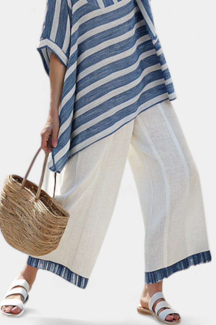 Corvielle | Sophisticated Blue Striped Top and Pants with Hem Detail