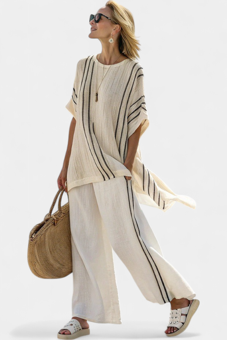 Greysen | Elegant Linen Blouse in Ivory and Black Striped Pants