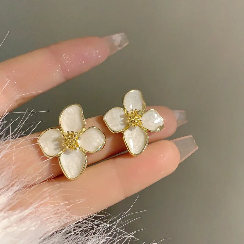 Elegant White Enamel Flower Earrings