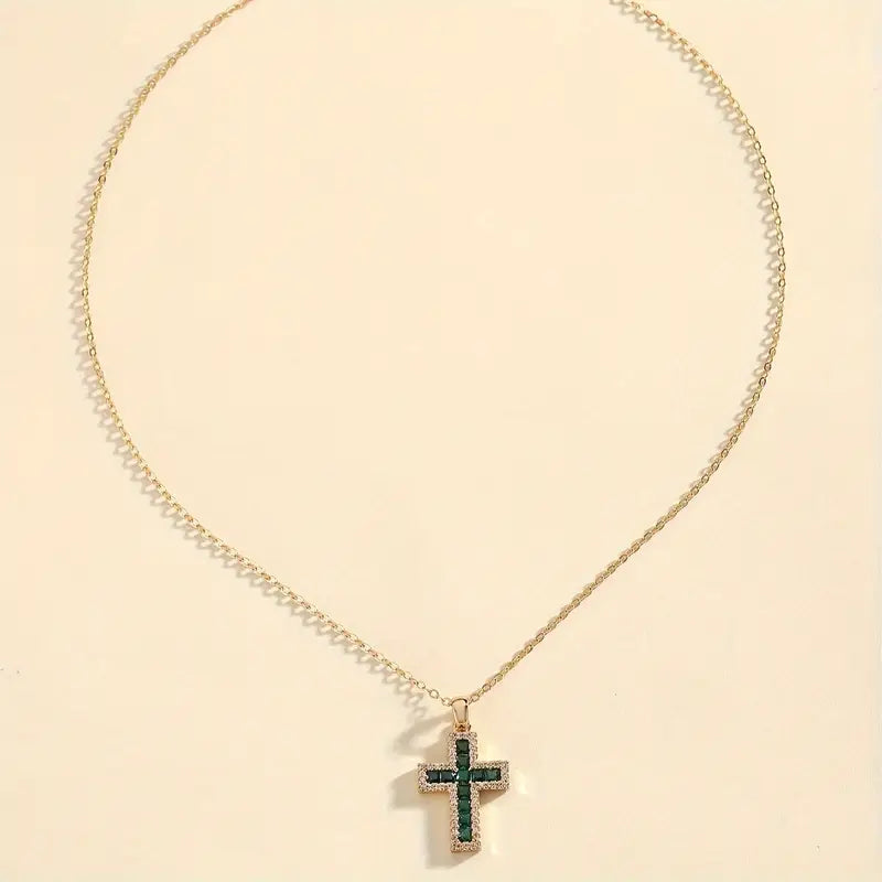 Solene Necklace with Cross Pendant and Emerald