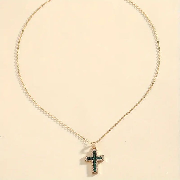 Solene Necklace with Cross Pendant and Emerald