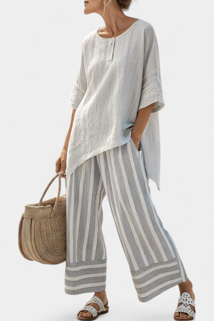 Talvora | Elegant Asymmetric Blouse & Striped Pants