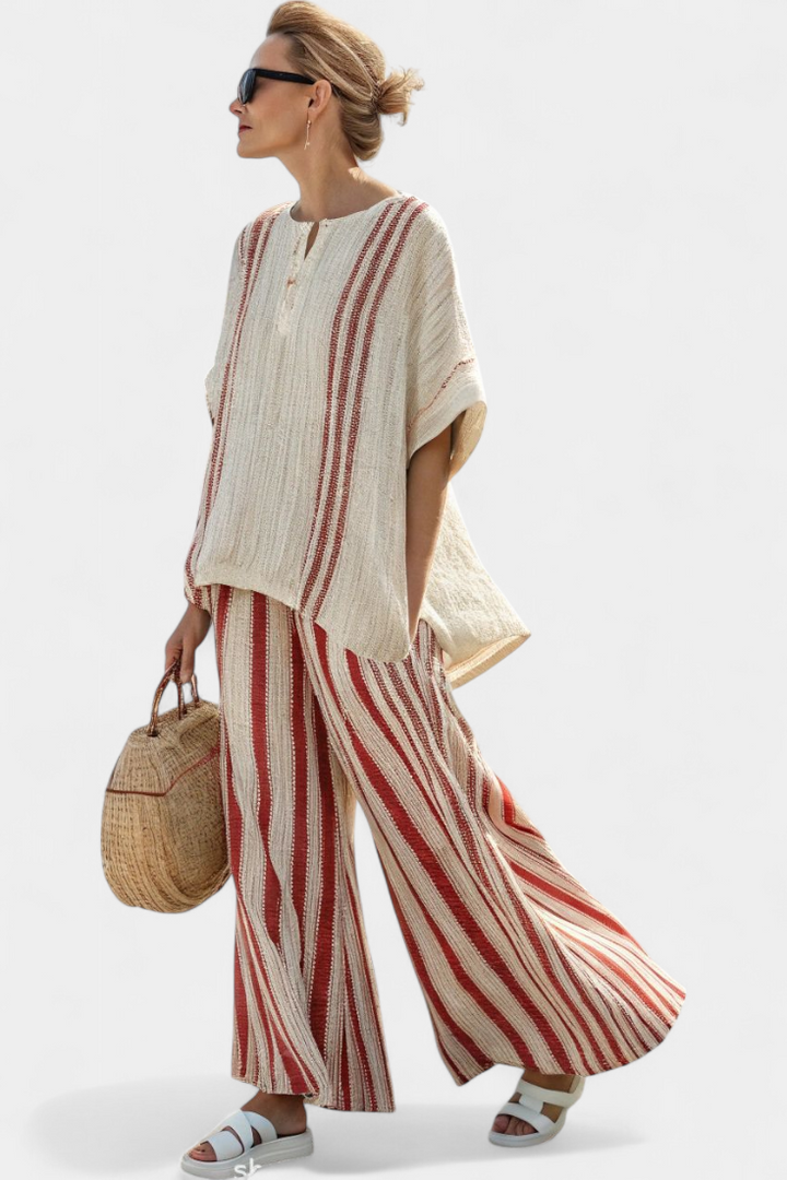 Mirella | Sophisticated Striped Red Textured Top & Linen Pants
