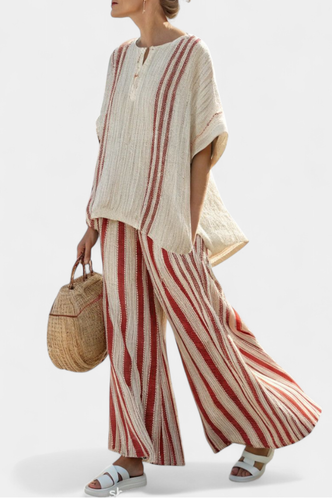 Mirella | Sophisticated Striped Red Textured Top & Linen Pants